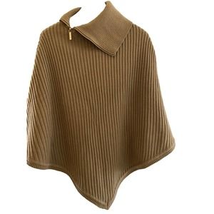 New MICHAEL KORS Women’s Ribbed Gold Zip Turtleneck Poncho Shawl Tan‎ Camel OS